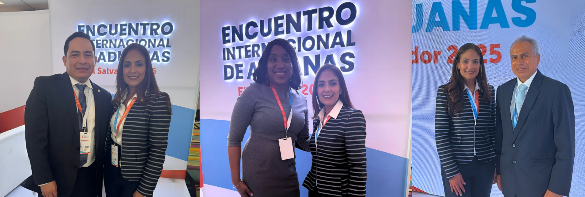 De izquierda a derecha: Suzanne Lemaitre junto al Lic. Benjamín Mayorga, director general de Aduanas El Salvador, anfitrión de este encuentro en El Salvador; Velma Ricketts-Walker, directora de general de Aduanas de Jamaica; y el Sr. Manuel Emilio Sánchez Peralta, superintendente nacional adjunto de Aduanas SUNAT (Perú). 