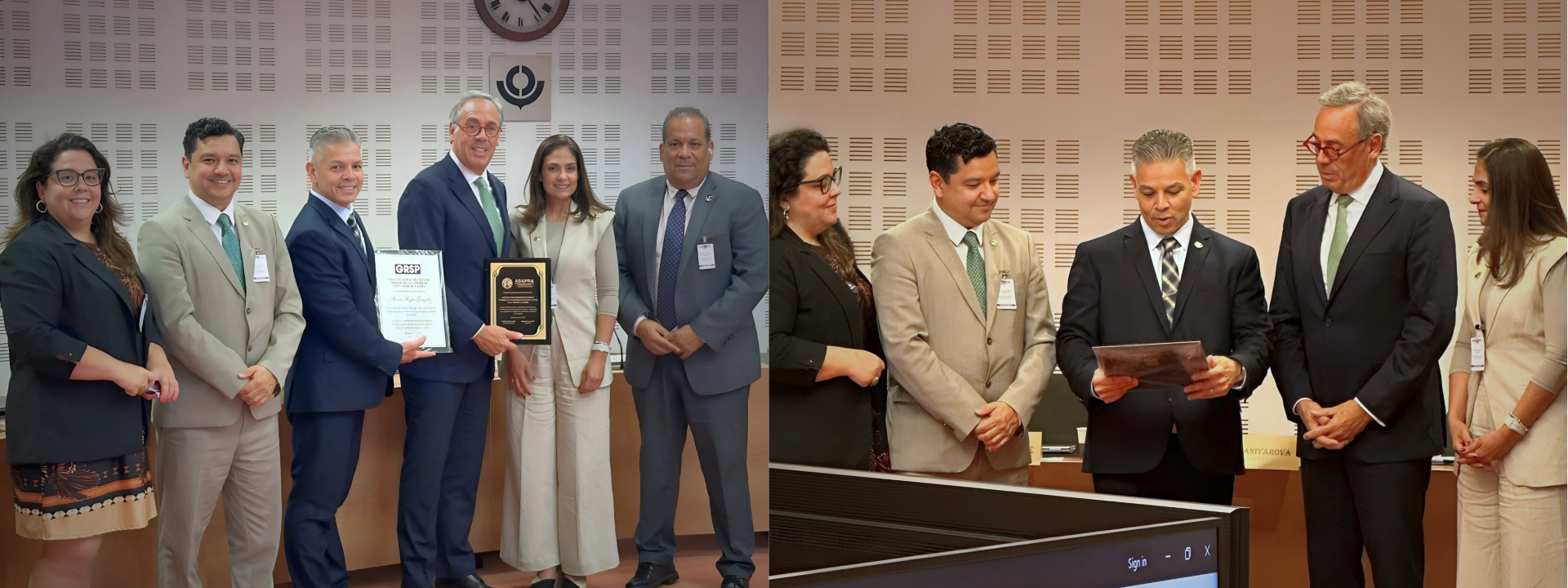 De izquierda a derecha: Patricia Masella, presidenta de AMECOMEX; Oscar Sánchez, presidente Junta Directiva de WBO; Erik Moncayo, presidente internacional de WBO; Alfonso Rojas, representante de ASAPRA/CARGODEC; Suzanne Lemaitre, directora ejecutiva de WBO; y Nelson Brens, presidente de ASAPRA.