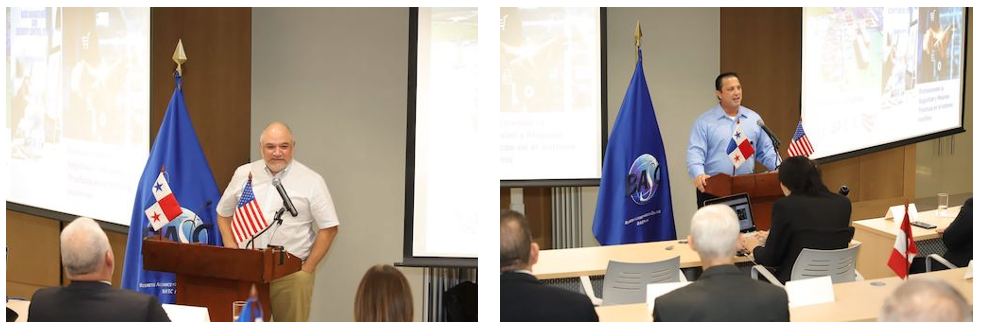 Los Sres.: Manuel Garza, Director Ejecutivo del Programa CTPAT - CBP, Raymond Monzón, Especialista en Seguridad de la Cadena de Suministro del programa CTPAT - CBP, durante sus intervenciones en la plenaria del lanzamiento.